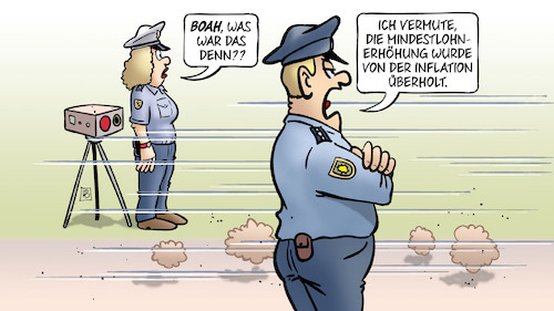 Cartoon: Mindestlohnerhöhung (medium) by Harm Bengen tagged mindestlohnerhöhung,inflation,überholt,mindestlohnkommission,polizei,blitzer,radar,geschwindigkeit,harm,bengen,cartoon,karikatur,mindestlohnerhöhung,inflation,überholt,mindestlohnkommission,polizei,blitzer,radar,geschwindigkeit,harm,bengen,cartoon,karikatur