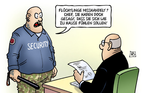 Cartoon: Misshandlungen (medium) by Harm Bengen tagged fluechtlinge,asyl,misshandlungen,chef,folter,straftat,kriminell,sicherheitsdienst,security,harm,bengen,cartoon,karikatur,fluechtlinge,asyl,misshandlungen,chef,folter,straftat,kriminell,sicherheitsdienst,security,harm,bengen,cartoon,karikatur