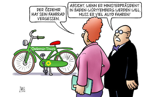 Cartoon: MP Özdemir (medium) by Harm Bengen tagged özdemir,fahrrad,vergessen,ministerpräsident,baden,württemberg,auto,landtagswahl,kandidatur,spitzenkandidat,grüne,harm,bengen,cartoon,karikatur,özdemir,fahrrad,vergessen,ministerpräsident,baden,württemberg,auto,landtagswahl,kandidatur,spitzenkandidat,grüne,harm,bengen,cartoon,karikatur