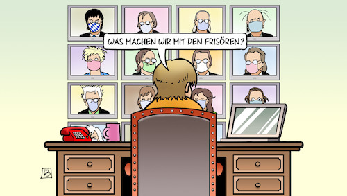 Cartoon: MPs und Frisöre (medium) by Harm Bengen tagged merkel,bundesländer,ministerpräsidenten,mps,videokonferenz,haare,frisuren,frisöre,corona,lockdown,harm,bengen,cartoon,karikatur,merkel,bundesländer,ministerpräsidenten,mps,videokonferenz,haare,frisuren,frisöre,corona,lockdown,harm,bengen,cartoon,karikatur