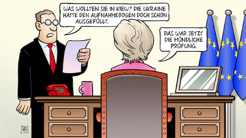 Cartoon: Mündliche Prüfung (medium) by Harm Bengen tagged von,der,leyen,eu,europa,kiew,besuch,aufnahmebogen,mündliche,prüfung,russland,ukraine,krieg,harm,bengen,cartoon,karikatur,von,der,leyen,eu,europa,kiew,besuch,aufnahmebogen,mündliche,prüfung,russland,ukraine,krieg,harm,bengen,cartoon,karikatur