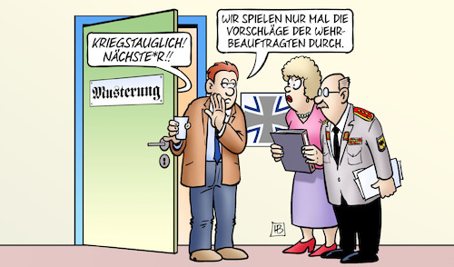 Cartoon: Musterung (medium) by Harm Bengen tagged musterung,bundeswehr,högl,kriegstauglich,wehrbeauftragte,krieg,einberufung,harm,bengen,cartoon,karikatur,musterung,bundeswehr,högl,kriegstauglich,wehrbeauftragte,krieg,einberufung,harm,bengen,cartoon,karikatur