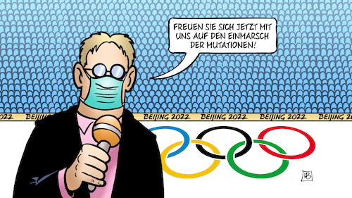 Cartoon: Mutationsolympiade (medium) by Harm Bengen tagged einmarsch,eröffnung,reporter,mutationen,peking,olympia,corona,china,winterolympiade,harm,bengen,cartoon,karikatur,einmarsch,eröffnung,reporter,mutationen,peking,olympia,corona,china,winterolympiade,harm,bengen,cartoon,karikatur