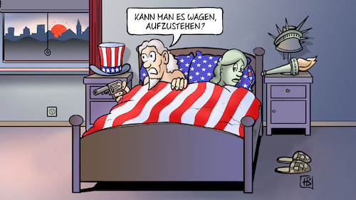 Cartoon: Nach US-Wahl (medium) by Harm Bengen tagged aufstehen,uncle,sam,freiheitstatue,liberty,bett,sonnenaufgang,morgen,bürgerkrieg,waffen,usa,wahl,trump,harris,harm,bengen,cartoon,karikatur,aufstehen,uncle,sam,freiheitstatue,liberty,bett,sonnenaufgang,morgen,bürgerkrieg,waffen,usa,wahl,trump,harris,harm,bengen,cartoon,karikatur