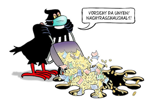 Cartoon: Nachtragshaushalt 2020 (medium) by Harm Bengen tagged nachtragshaushalt,bundestag,bundesadler,adler,maske,schubkarre,geld,abgrund,loch,trichter,corona,virus,finanzen,harm,bengen,cartoon,karikatur,nachtragshaushalt,bundestag,bundesadler,adler,maske,schubkarre,geld,abgrund,loch,trichter,corona,virus,finanzen,harm,bengen,cartoon,karikatur