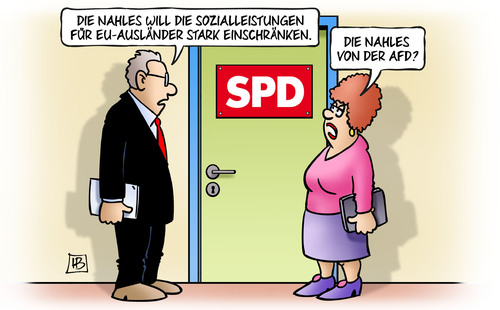 Cartoon: Nahles und EU-Ausländer (medium) by Harm Bengen tagged nahles,arbeitsministerin,sozialleistungen,eu,ausländer,einschränken,spd,afd,populismus,rechts,harm,bengen,cartoon,karikatur,nahles,arbeitsministerin,sozialleistungen,eu,ausländer,einschränken,spd,afd,populismus,rechts,harm,bengen,cartoon,karikatur