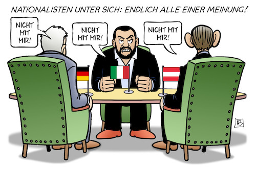 Cartoon: Nationalisten unter sich (medium) by Harm Bengen tagged nationalisten,meinung,transitzentren,asylkompromiss,merkel,seehofer,asylpolitik,unionsstreit,csu,cdu,deutschland,oesterreich,italien,kurz,salvini,harm,bengen,cartoon,karikatur,nationalisten,meinung,transitzentren,asylkompromiss,merkel,seehofer,asylpolitik,unionsstreit,csu,cdu,deutschland,oesterreich,italien,kurz,salvini,harm,bengen,cartoon,karikatur