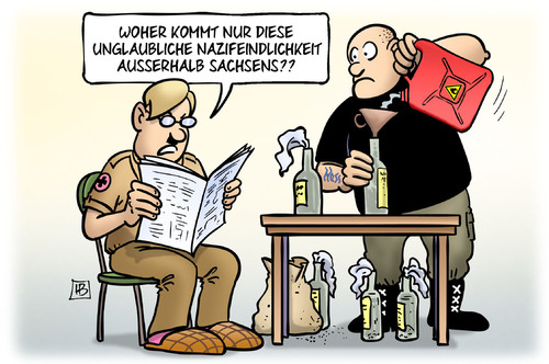 Cartoon: Nazifeindlichkeit (medium) by Harm Bengen tagged nazifeindlichkeit,nazis,rechts,afd,pegida,npd,molotowcocktail,zeitung,sachsens,fremdenfeindlichkeit,ausländerfeindlichkeit,flüchtlinge,asyl,brandanschlag,harm,bengen,cartoon,karikatur,nazifeindlichkeit,nazis,rechts,afd,pegida,npd,molotowcocktail,zeitung,sachsens,fremdenfeindlichkeit,ausländerfeindlichkeit,flüchtlinge,asyl,brandanschlag,harm,bengen,cartoon,karikatur