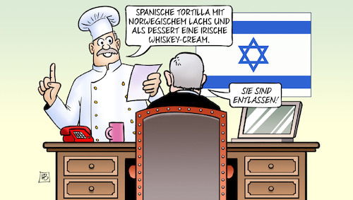 Cartoon: Netanjahu kocht (medium) by Harm Bengen tagged spanien,irland,norwegen,tortilla,mit,lachs,koch,dessert,whiskey,cream,netanjahu,israel,palästina,anerkennung,harm,bengen,cartoon,karikatur,spanien,irland,norwegen,tortilla,mit,lachs,koch,dessert,whiskey,cream,netanjahu,israel,palästina,anerkennung,harm,bengen,cartoon,karikatur