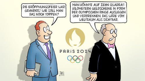 Cartoon: Noch zu toppen (medium) by Harm Bengen tagged eröffnungsfeier,grandios,toppen,geldscheine,verbrennen,weltraum,sichtbar,gigantismus,kosten,olympia,paris,harm,bengen,cartoon,karikatur,eröffnungsfeier,grandios,toppen,geldscheine,verbrennen,weltraum,sichtbar,gigantismus,kosten,olympia,paris,harm,bengen,cartoon,karikatur