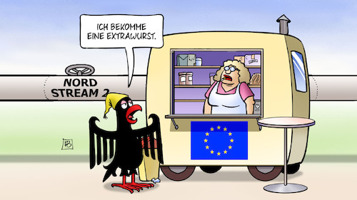 Cartoon: Nord Stream Extrawurste (medium) by Harm Bengen tagged extrawurst,imbiss,europa,adler,nord,stream,pipeline,deutschland,russland,harm,bengen,cartoon,karikatur,extrawurst,imbiss,europa,adler,nord,stream,pipeline,deutschland,russland,harm,bengen,cartoon,karikatur