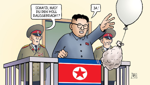 Cartoon: Nordkorea-Müll (medium) by Harm Bengen tagged nordkorea,südkorea,grenze,balkon,müll,ballon,kim,jong,un,harm,bengen,cartoon,karikatur,nordkorea,südkorea,grenze,balkon,müll,ballon,kim,jong,un,harm,bengen,cartoon,karikatur