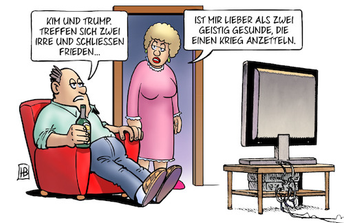 Cartoon: Nordkorea-USA-Frieden (medium) by Harm Bengen tagged nordkorea,usa,frieden,kim,trump,treffen,vietnam,irre,krieg,tv,harm,bengen,cartoon,karikatur,nordkorea,usa,frieden,kim,trump,treffen,vietnam,irre,krieg,tv,harm,bengen,cartoon,karikatur