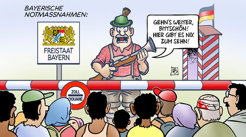 Cartoon: Notmassnahmen (medium) by Harm Bengen tagged bayern,notmassnahmen,freistaat,seehofer,grenze,flüchtlinge,flucht,asyl,csu,kritiker,harm,bengen,cartoon,karikatur,bayern,notmassnahmen,freistaat,seehofer,grenze,flüchtlinge,flucht,asyl,csu,kritiker,harm,bengen,cartoon,karikatur