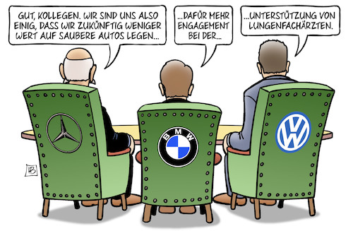 Cartoon: NOx-Debatte (medium) by Harm Bengen tagged kollegen,saubere,autos,engagement,dauimler,bmw,vw,automobilindustrie,unterstützung,grenzwerte,streit,lungenfachärzte,arzt,feinstaub,no2,tod,gesundheitsgefährdung,harm,bengen,cartoon,karikatur,kollegen,saubere,autos,engagement,dauimler,bmw,vw,automobilindustrie,unterstützung,grenzwerte,streit,lungenfachärzte,arzt,feinstaub,no2,tod,gesundheitsgefährdung,harm,bengen,cartoon,karikatur