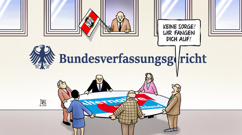 Cartoon: NPD vor BVerfG (medium) by Harm Bengen tagged bundesverfassungsgericht,npd,verbot,verfahren,antrag,rechts,nazis,afd,sprungtuch,rettung,auffangen,harm,bengen,cartoon,karikatur,bundesverfassungsgericht,npd,verbot,verfahren,antrag,rechts,nazis,afd,sprungtuch,rettung,auffangen,harm,bengen,cartoon,karikatur