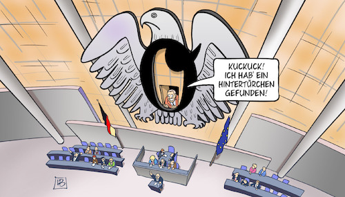 Cartoon: Null-Hintertür (medium) by Harm Bengen tagged kuckuck,schwarze,null,bundestag,adler,hintertürchen,haushaltsberatungen,scholz,harm,bengen,cartoon,karikatur,kuckuck,schwarze,null,bundestag,adler,hintertürchen,haushaltsberatungen,scholz,harm,bengen,cartoon,karikatur