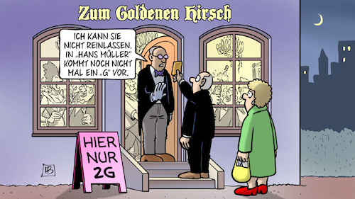 Cartoon: Nur 2G (medium) by Harm Bengen tagged 2g,hans,müller,zum,goldenen,hirsch,restaurant,lokal,corona,kontrolle,beschränkung,impfpass,kellner,harm,bengen,cartoon,karikatur,2g,hans,müller,zum,goldenen,hirsch,restaurant,lokal,corona,kontrolle,beschränkung,impfpass,kellner,harm,bengen,cartoon,karikatur