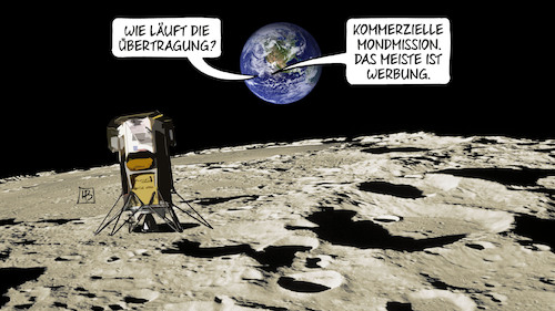 Cartoon: Odysseus (medium) by Harm Bengen tagged übertragung,kommerzielle,mondmission,werbung,sonde,odysseus,usa,erde,weltall,mond,harm,bengen,cartoon,karikatur,übertragung,kommerzielle,mondmission,werbung,sonde,odysseus,usa,erde,weltall,mond,harm,bengen,cartoon,karikatur