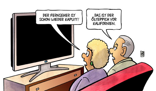 Cartoon: Ölteppich (medium) by Harm Bengen tagged fernseher,tv,kaputt,kalifornien,ölteppich,öl,umwelt,pipeline,harm,bengen,cartoon,karikatur,fernseher,tv,kaputt,kalifornien,ölteppich,öl,umwelt,pipeline,harm,bengen,cartoon,karikatur