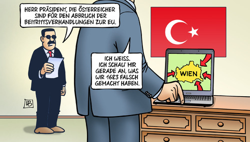 Cartoon: Österreich für Abbruch (medium) by Harm Bengen tagged präsident,österreicher,kern,erdogan,abbruch,beitrittsverhandlungen,europa,wien,türkei,türken,belagerung,1683,krieg,schlacht,laptop,harm,bengen,cartoon,karikatur,präsident,österreicher,kern,erdogan,abbruch,beitrittsverhandlungen,europa,wien,türkei,türken,belagerung,1683,krieg,schlacht,laptop,harm,bengen,cartoon,karikatur