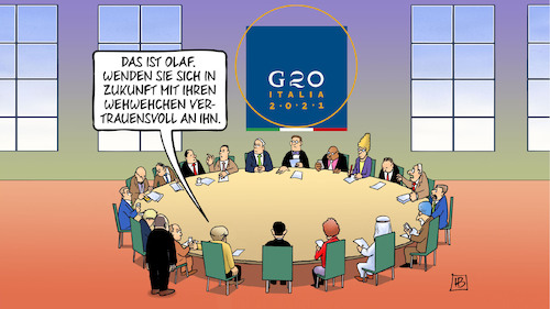 Cartoon: Olaf-Einführung (medium) by Harm Bengen tagged olaf,scholz,merkel,einführung,vorstellung,wehwehchen,kanzler,g20,gipfel,italien,rom,harm,bengen,cartoon,karikatur,olaf,scholz,merkel,einführung,vorstellung,wehwehchen,kanzler,g20,gipfel,italien,rom,harm,bengen,cartoon,karikatur