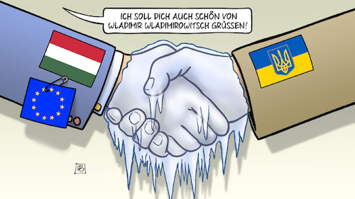 Cartoon: Orban in Kiew (medium) by Harm Bengen tagged orban,selenskyj,besuch,handschlag,eiszapfen,kiew,wladimir,putin,grüssen,ungarn,ukraine,eu,europa,ratspräsidentschaft,sicherheitsnadel,krieg,russland,harm,bengen,cartoon,karikatur,orban,selenskyj,besuch,handschlag,eiszapfen,kiew,wladimir,putin,grüssen,ungarn,ukraine,eu,europa,ratspräsidentschaft,sicherheitsnadel,krieg,russland,harm,bengen,cartoon,karikatur