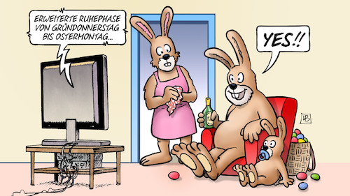 Cartoon: Oster-Ruhephase (medium) by Harm Bengen tagged ruhephase,gründonnerstag,ostermontag,ostern,osterhase,tv,yes,corona,bund,länder,konferenz,harm,bengen,cartoon,karikatur,ruhephase,gründonnerstag,ostermontag,ostern,osterhase,tv,yes,corona,bund,länder,konferenz,harm,bengen,cartoon,karikatur