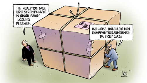 Cartoon: Paketlösung (medium) by Harm Bengen tagged paketlösung,koalition,streitpunkte,kampfmittelräumdienst,ticken,bombe,fdp,csu,cdu,bundesregierung,betreuungsgeld,zuschussrente,grosselternzeit,praxisgebühr,neuverschuldung,asylrecht,harm,bengen,cartoon,karikatur,paketlösung,koalition,streitpunkte,kampfmittelräumdienst,ticken,bombe,fdp,csu,cdu,bundesregierung,betreuungsgeld,zuschussrente,grosselternzeit,praxisgebühr,neuverschuldung,asylrecht,harm,bengen,cartoon,karikatur