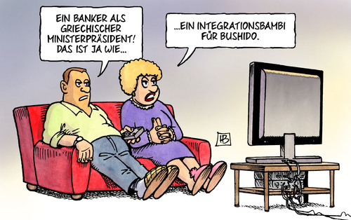 Cartoon: Papademos und Bushido (medium) by Harm Bengen tagged banker,griechenland,ministerpräsident,euro,euroschuldenkrise,schulden,staatsverschuldung,bankenkrise,integrationsbambi,bambi,bushido,rapper,skandal,preisverleihung,auszeichnung,tv,banker,griechenland,ministerpräsident,euro,euroschuldenkrise,schulden,staatsverschuldung,bankenkrise,integrationsbambi,bambi,rapper,skandal,bushido