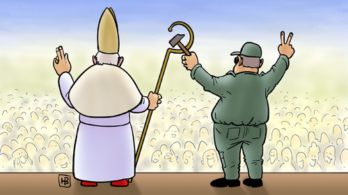 Cartoon: Papst auf Kuba (medium) by Harm Bengen tagged papst,kuba,hammer,sichel,publikum,andacht,messe,raoul,castro,sozialismus,katholische,kirche,katholizismus,vatikan,reise,papst,kuba,hammer,sichel,publikum,messe,sozialismus,castro,kirche,katholische,vatikan,katholizismus