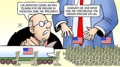 Cartoon: Paradenplanung (medium) by Harm Bengen tagged pläne,parade,president,trump,unabhängigkeitstag,militärparade,vorschläge,freund,kim,nordkorea,usa,harm,bengen,cartoon,karikatur,pläne,parade,president,trump,unabhängigkeitstag,militärparade,vorschläge,freund,kim,nordkorea,usa,harm,bengen,cartoon,karikatur