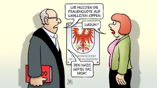 Cartoon: Parität Brandenburg (medium) by Harm Bengen tagged paritätsgesetz,brandenburg,frauenquote,wahllisten,gleichberechtigung,richter,verfassungsgericht,frauenrechte,gleichstellung,nazis,afd,npd,klage,harm,bengen,cartoon,karikatur,paritätsgesetz,brandenburg,frauenquote,wahllisten,gleichberechtigung,richter,verfassungsgericht,frauenrechte,gleichstellung,nazis,afd,npd,klage,harm,bengen,cartoon,karikatur