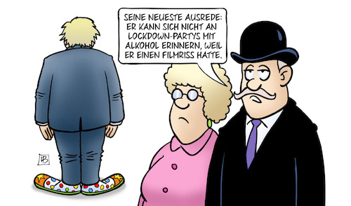 Cartoon: Partygate-Ausreden (medium) by Harm Bengen tagged partygate,johnson,uk,gb,mp,ausrede,lockdown,partys,alkohol,filmriss,clown,harm,bengen,cartoon,karikatur,partygate,johnson,uk,gb,mp,ausrede,lockdown,partys,alkohol,filmriss,clown,harm,bengen,cartoon,karikatur