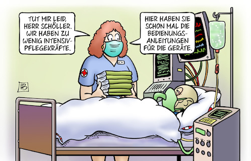 Cartoon: Pflegekräftemangel (medium) by Harm Bengen tagged pflegekräftemangel,intensivpflegekräfte,corona,patient,intensivstation,bedienungsanleitungen,medizin,krankenschwester,krankenhaus,harm,bengen,cartoon,karikatur,pflegekräftemangel,intensivpflegekräfte,corona,patient,intensivstation,bedienungsanleitungen,medizin,krankenschwester,krankenhaus,harm,bengen,cartoon,karikatur