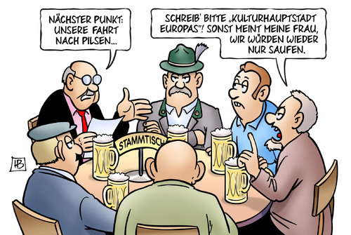 Cartoon: Pilsen (medium) by Harm Bengen tagged stammtisch,ausflug,fahrt,pilsen,kulturhauptstadt,europas,saufen,harm,bengen,cartoon,karikatur,stammtisch,ausflug,fahrt,pilsen,kulturhauptstadt,europas,saufen,harm,bengen,cartoon,karikatur