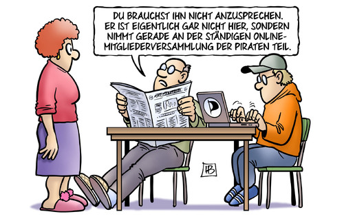 Cartoon: Piraten-Mitgliederversammlung (medium) by Harm Bengen tagged ständige,online,mitgliederversammlung,piraten,piratenpartei,partei,parteitag,demokratie,wahl,bundestagswahl,harm,bengen,cartoon,karikatur,ständige,online,mitgliederversammlung,piraten,piratenpartei,partei,parteitag,demokratie,wahl,bundestagswahl,harm,bengen,cartoon,karikatur