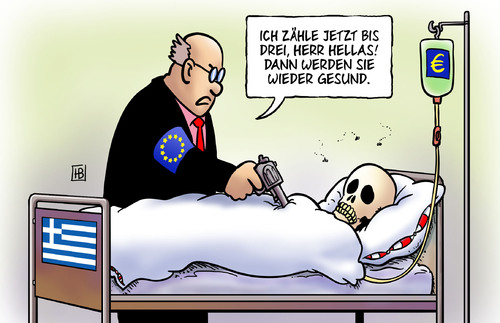 Cartoon: Pistole auf die Brust (medium) by Harm Bengen tagged griechenland,schulden,schuldenkrise,euroschuldenkrise,eu,gipfel,europa,staats,anleihen,schuldenschnitt,banken,glaeubiger,drachme,euro,merkel,pistole,brust,tod,tot,krankenbett,tropf,infusion,troika,griechenland,schulden,schuldenkrise,euroschuldenkrise,eu,gipfel,europa,staats,schuldenschnitt,banken,drachme