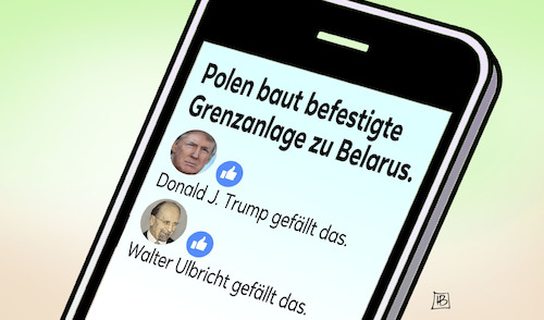 Cartoon: Polens Grenzmauer (medium) by Harm Bengen tagged polen,baut,grenzanlage,belarus,mauer,migration,flüchtlinge,flucht,trump,ulbricht,facebook,handy,smartphone,harm,bengen,cartoon,karikatur,polen,baut,grenzanlage,belarus,mauer,migration,flüchtlinge,flucht,trump,ulbricht,facebook,handy,smartphone,harm,bengen,cartoon,karikatur