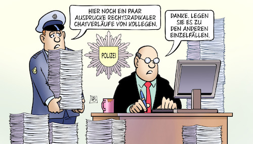 Cartoon: Polizei-Chats (medium) by Harm Bengen tagged ausdrucke,rechtsradikaler,chatverläufe,einzelfälle,wissenschaftliche,studie,rechtsextremismus,polizei,polizisten,computer,nazis,harm,bengen,cartoon,karikatur,ausdrucke,rechtsradikaler,chatverläufe,einzelfälle,wissenschaftliche,studie,rechtsextremismus,polizei,polizisten,computer,nazis,harm,bengen,cartoon,karikatur