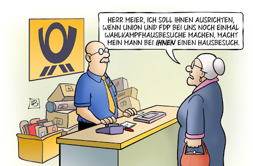 Cartoon: Post-Daten (medium) by Harm Bengen tagged union,cdu,fdp,wahlkampf,hausbesuch,post,datenverkauf,datenschutz,susemil,harm,bengen,cartoon,karikatur,union,cdu,fdp,wahlkampf,hausbesuch,post,datenverkauf,datenschutz,susemil,harm,bengen,cartoon,karikatur