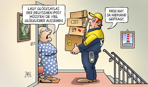 Cartoon: Post-Glück (medium) by Harm Bengen tagged glücksatlas,deutsche,post,glücklicher,aussehen,postbote,paketbote,susemil,harm,bengen,cartoon,karikatur,glücksatlas,deutsche,post,glücklicher,aussehen,postbote,paketbote,susemil,harm,bengen,cartoon,karikatur