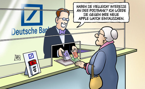 Cartoon: Postbank (medium) by Harm Bengen tagged interesse,postbank,deutsche,bank,aufspalten,abstossen,schalter,kunde,apple,watch,uhr,eintauschen,susemil,harm,bengen,cartoon,karikatur,interesse,postbank,deutsche,bank,aufspalten,abstossen,schalter,kunde,apple,watch,uhr,eintauschen,susemil,harm,bengen,cartoon,karikatur