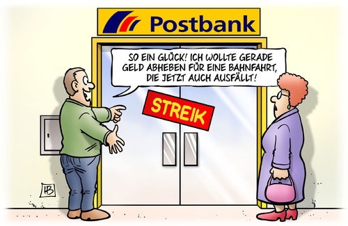 Cartoon: Postbank und Bahn (medium) by Harm Bengen tagged glück,geld,abheben,bahn,streik,lokführer,bahnfahrt,ausfallen,postbank,deutsche,bank,gewerkschaft,arbeitskampf,tarifkampf,gdl,harm,bengen,cartoon,karikatur,glück,geld,abheben,bahn,streik,lokführer,bahnfahrt,ausfallen,postbank,deutsche,bank,gewerkschaft,arbeitskampf,tarifkampf,gdl,harm,bengen,cartoon,karikatur