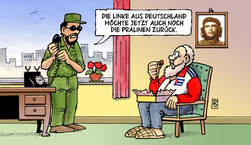 Cartoon: Pralinen (medium) by Harm Bengen tagged ernst,lötsch,kommunismus,revolution,kuba,guevara,che,wahlkampf,geschenk,gratulation,glückwünsche,geburtstag,castro,fidel,deutschland,partei,linke,pralinen,pralinen,linke,partei,deutschland,fidel castro,glückwünsche,gratulation,geburtstag,geschenk,wahlkampf,che guevara,revolution,kuba,fidel,castro,che,guevara