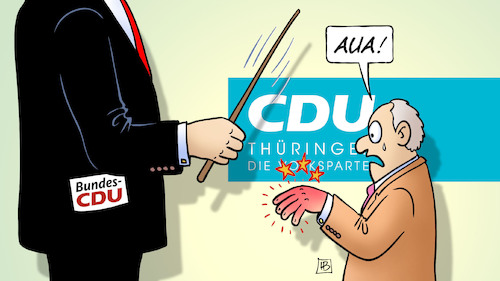 Cartoon: Prügelstrafe (medium) by Harm Bengen tagged prügelstrafe,cdu,thüringen,wahl,ramelow,ministerpräsident,neuwahlen,rohrstock,schlagen,schmerzen,harm,bengen,cartoon,karikatur,prügelstrafe,cdu,thüringen,wahl,ramelow,ministerpräsident,neuwahlen,rohrstock,schlagen,schmerzen,harm,bengen,cartoon,karikatur