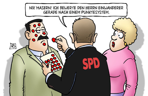 Cartoon: Punktesystem (medium) by Harm Bengen tagged masern,bewertung,einwanderer,punkte,punktesystem,oppermann,spd,einwanderungsgesetz,migration,immigration,harm,bengen,cartoon,karikatur,masern,bewertung,einwanderer,punkte,punktesystem,oppermann,spd,einwanderungsgesetz,migration,immigration,harm,bengen,cartoon,karikatur