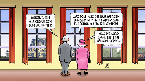 Cartoon: Queen wird 90 (medium) by Harm Bengen tagged glückwunsch,geburtstag,90,mutter,alter,königin,elisabeth,queen,england,prinz,prince,charles,harm,bengen,cartoon,karikatur,glückwunsch,geburtstag,90,mutter,alter,königin,elisabeth,queen,england,prinz,prince,charles,harm,bengen,cartoon,karikatur