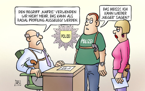 Cartoon: Racial Profiling (medium) by Harm Bengen tagged nafris,nordafrikanisch,silvester,köln,polizei,kontrollen,rassismus,racial,profiling,neger,harm,bengen,cartoon,karikatur,nafris,nordafrikanisch,silvester,köln,polizei,kontrollen,rassismus,racial,profiling,neger,harm,bengen,cartoon,karikatur