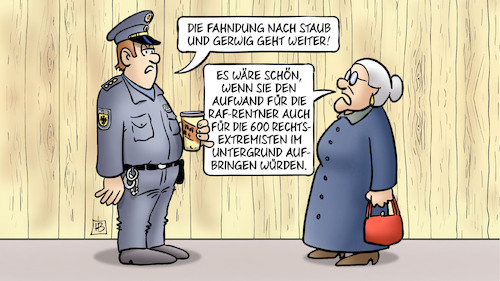 Cartoon: RAF-Fahndung und Rechtsextremist (medium) by Harm Bengen tagged fahndung,staub,gerwig,aufwand,raf,rentner,rechtsextremisten,untergrund,susemil,polizei,harm,bengen,cartoon,karikatur,fahndung,staub,gerwig,aufwand,raf,rentner,rechtsextremisten,untergrund,susemil,polizei,harm,bengen,cartoon,karikatur